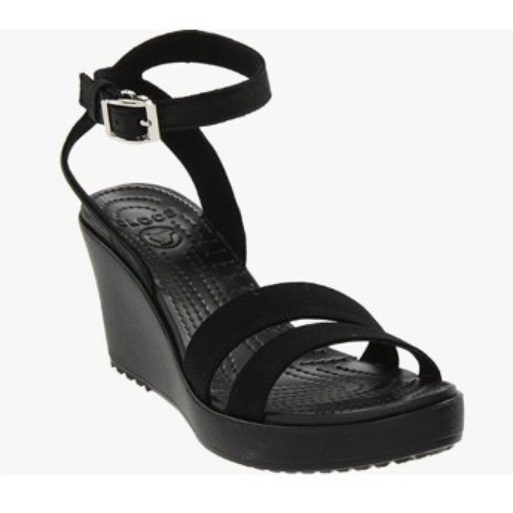 Crocs Leigh II Wedge Sandals Black Women's size 9 Ankle Buckle EUC